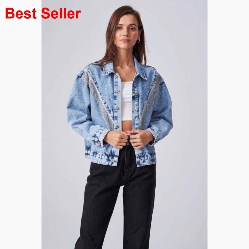 Fringed Denim Jacket Oversized Tassel Sparkly Western Style - Picture 7 of 7